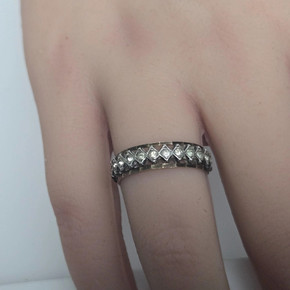 9ct Yellow Gold Silver CZ Full Eternity Ring Size P Hallmark Two Tone Band 2.8g