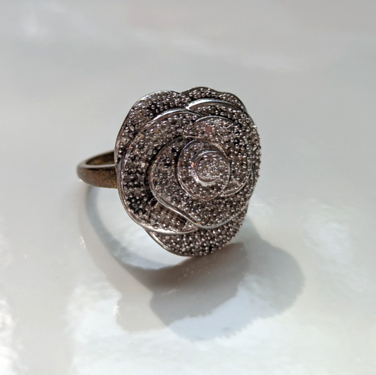 Gold on Silver Diamond Ring 925 Silver Sterling Cluster Flower Size P 1/2 April