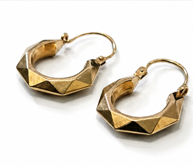 9ct Yellow Gold Creole Hoop Earrings Faceted Geometric Tapered Hallmarked 375