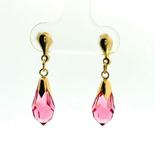 9ct Yellow Gold Dangle Drop Earrings Pink Crystal Stones Hallmarked 1.7g
