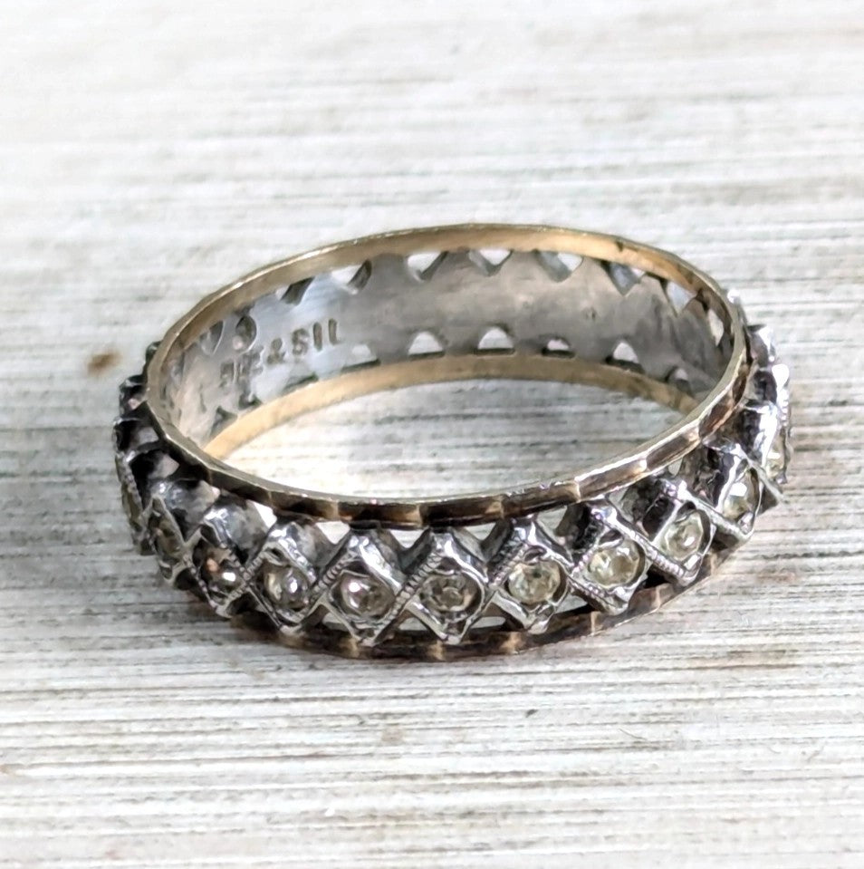 9ct Yellow Gold Silver CZ Full Eternity Ring Size P Hallmark Two Tone Band 2.8g
