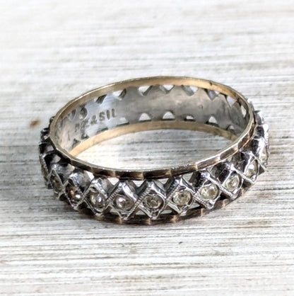 9ct Yellow Gold Silver CZ Full Eternity Ring Size P Hallmark Two Tone Band 2.8g