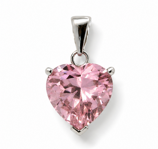 9ct White Gold Pink CZ Heart Pendant Necklace Charm Stamped 375 Solitaire Love