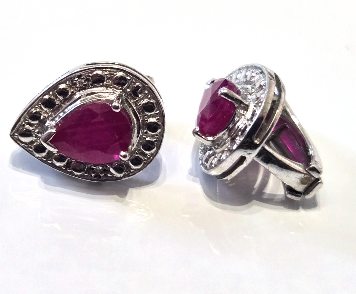 925 Sterling Silver Ruby Diamond Clip On Earrings Stamped Cluster Red July 5.6g