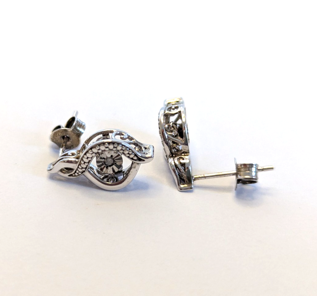 Vintage Silver Diamond Stud Earrings Butterflies Floral Design 925 Stamped  2g