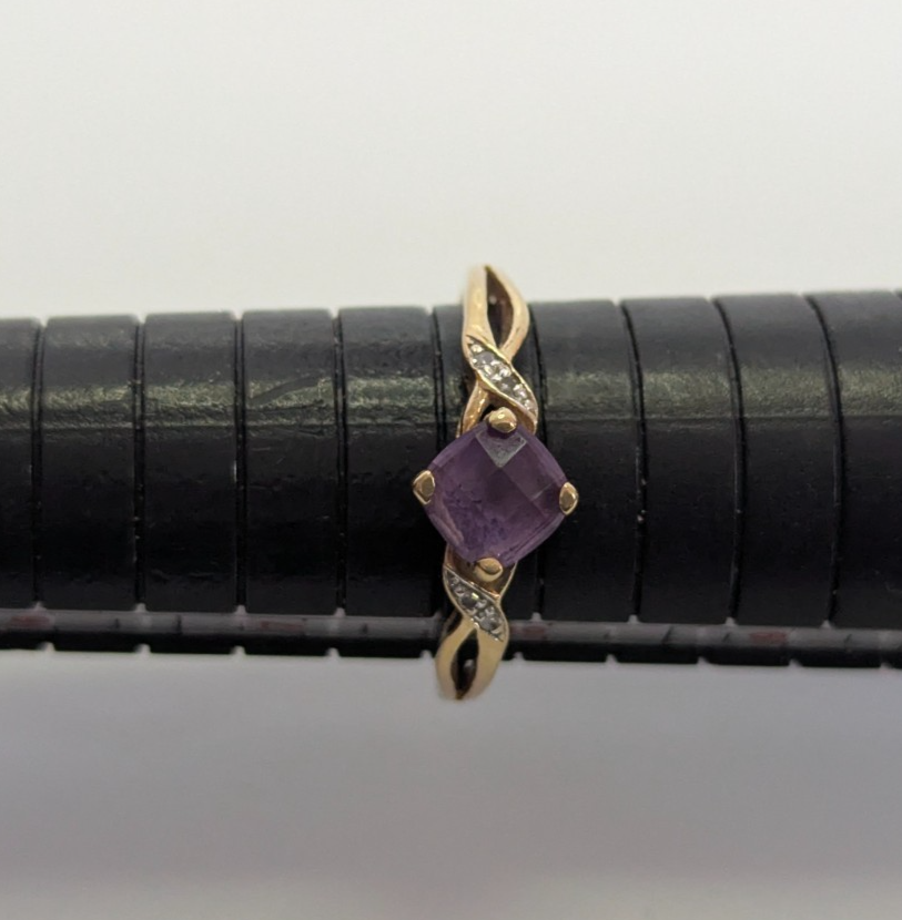 9ct Gold Ring Amethyst Diamond Hallmark Size P 1.9g