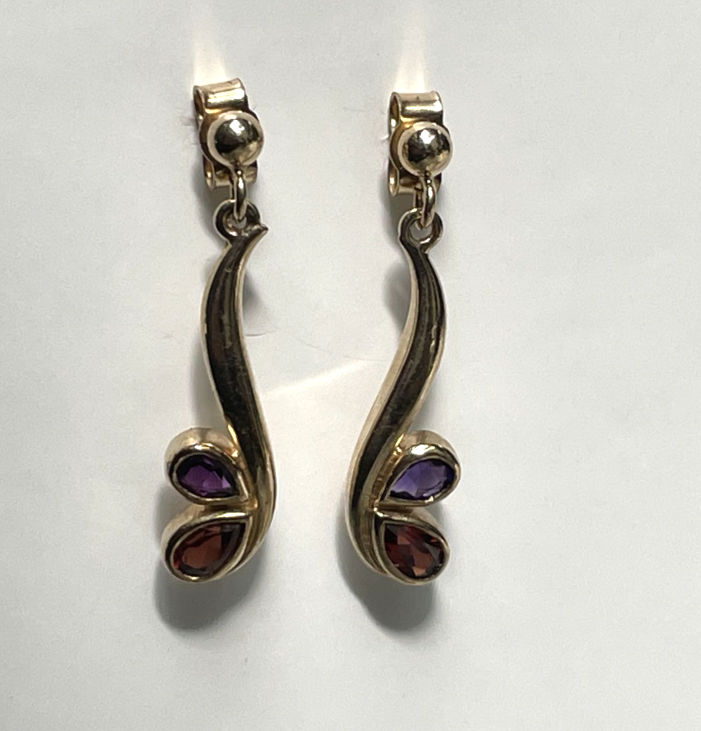 9ct Yellow Gold Amethyst Garnet Drop Earrings Floral Hallmarked 375 Jan Feb Gift
