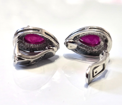 925 Sterling Silver Ruby Diamond Clip On Earrings Stamped Cluster Red July 5.6g