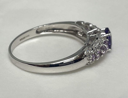 9ct White Gold Ring Amethyst and Diamond Solid Band Hallmark Size S