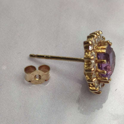 9ct Yellow Gold Stud Earrings Amethyst Stones Push Backs Size: 10mm x 15mm