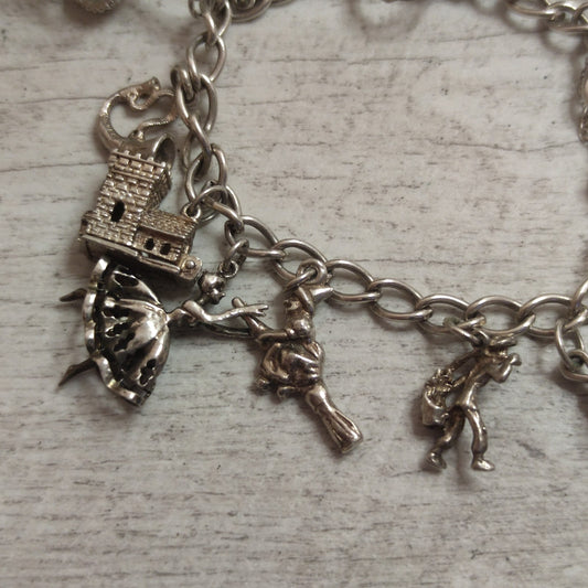 925 Sterling Silver Charm Bracelet 17 Charms 17.5 Stamped Heart Padlock 50.9g