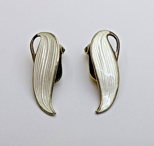 Finn Jensen Norwegian 925 Silver Gold Wash White Enamel Leaf Clip On Earrings