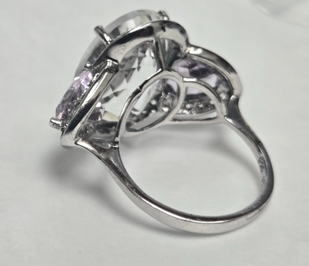 Sterling Silver Quartz Diamond Ring Size Q Stamped 925 Cocktail Statement 7.9g