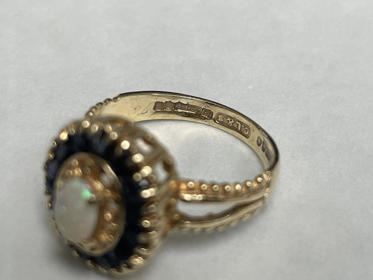 9ct Gold Ring Opal and Sapphire Solid Band Hallmark Size K