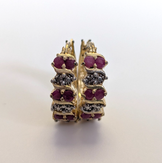 Gold on Silver Cuff Earrings Ruby Stones 925 Stamped 20mm x 20mm 5.7g