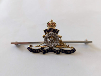 14ct Yellow Gold Tank Regiment Bar Brooch Enameled and Diamonds