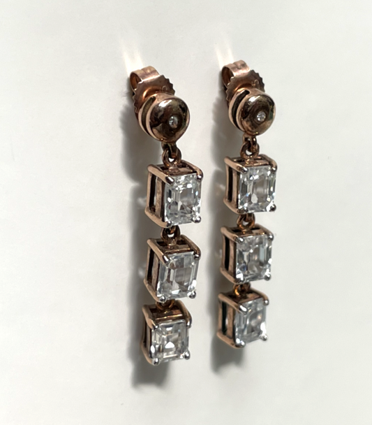 Vintage 9ct Rose Gold White Topaz Diamond Dangle Drop Earrings 29mm Hallmarked
