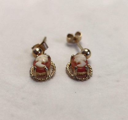 9ct Yellow Gold Dangle Cameo Earrings White Shell 14mm Drop Length