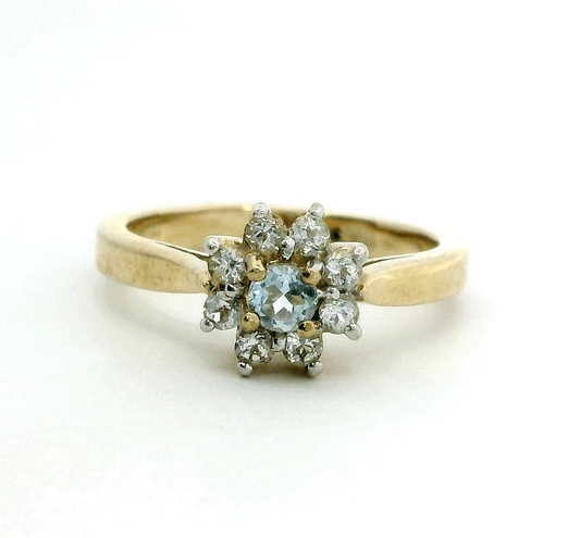 9ct Gold Aquamarine CZ Ring Size N 1/2 Hallmarked 375 Cluster 3.5g
