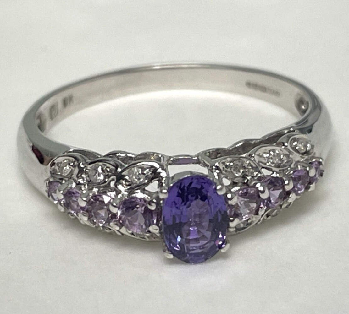 9ct White Gold Ring Amethyst and Diamond Solid Band Hallmark Size S
