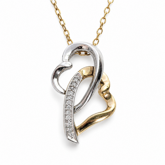 9ct Gold 925 Sterling Silver Diamond Double Heart Pendant Charm Hallmarked