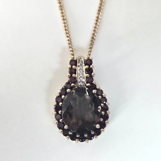 9ct Yellow Gold Pendant Quartz Diamond and Garnet Stones 23mm x 14mm Hallmarked