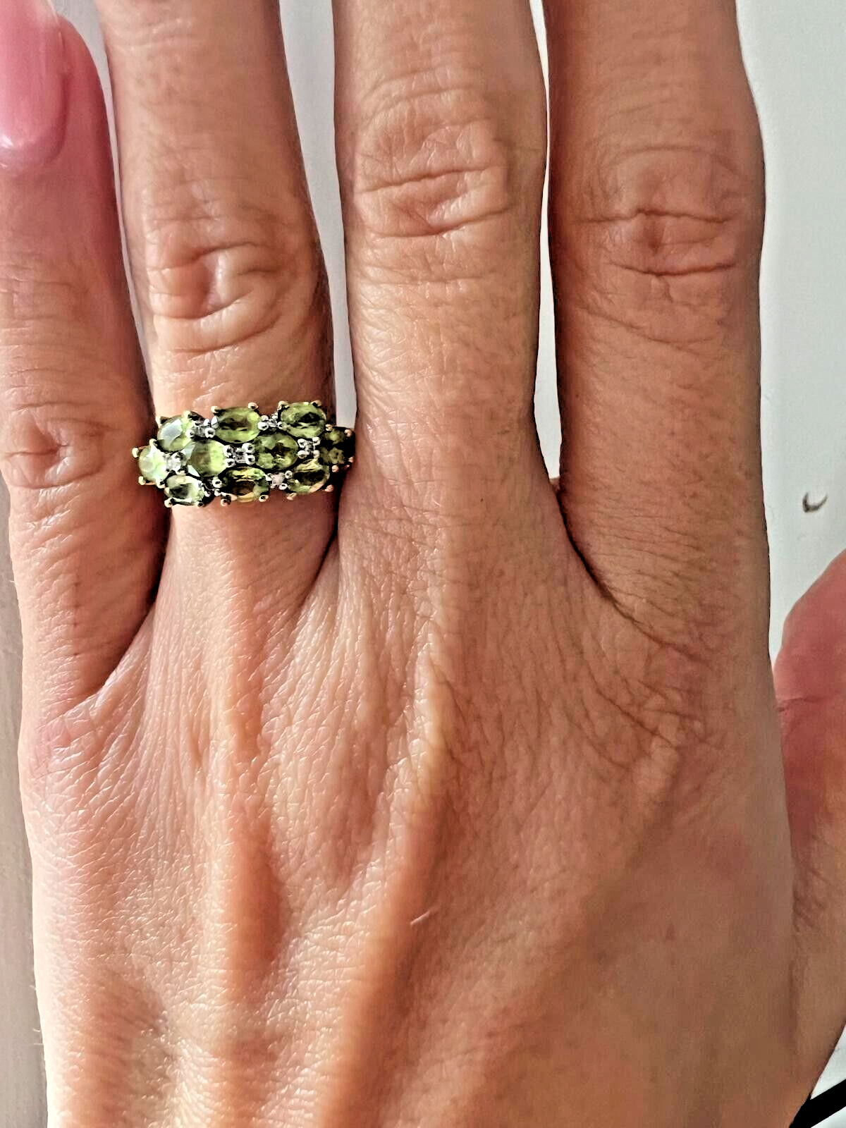 9ct Gold Peridot Diamond Ring Size M Hallmark 375 3 Row Cluster Aug 2.8g