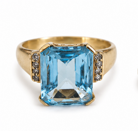 9ct Gold Blue Topaz Diamond Ring Size O Hallmarked 375 November Cocktail