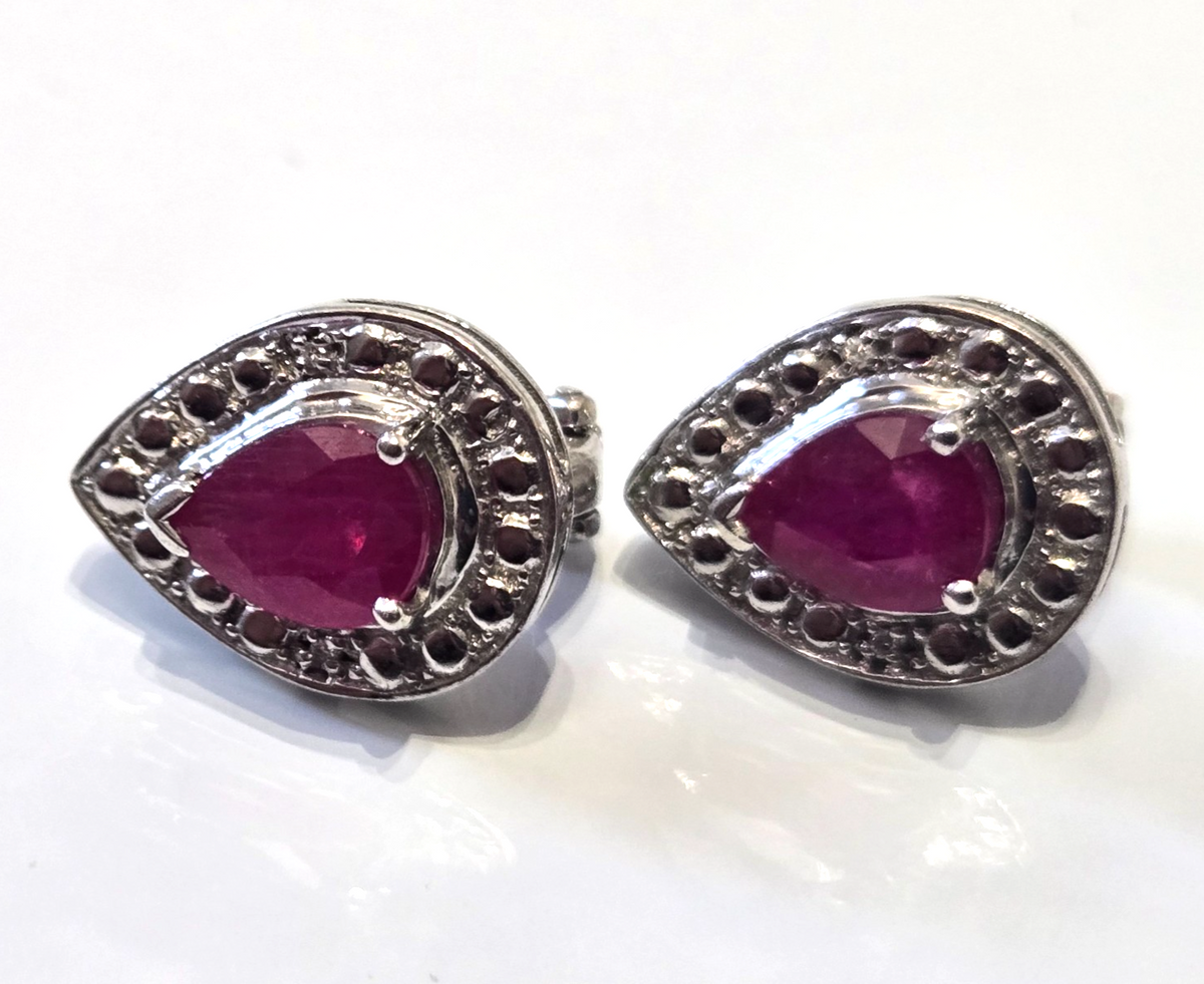 925 Sterling Silver Ruby Diamond Clip On Earrings Stamped Cluster Red July 5.6g