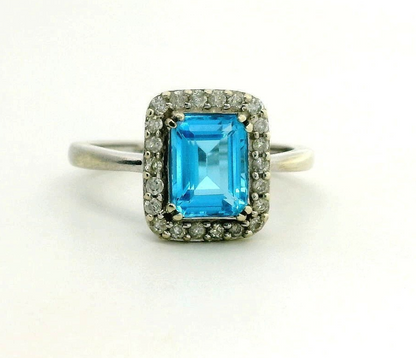 9ct White Gold Ring Topaz Diamond Size O Hallmarked 375 Halo Cluster 3g