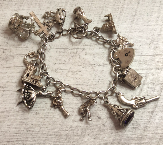 925 Sterling Silver Charm Bracelet 17 Charms 17.5 Stamped Heart Padlock 50.9g