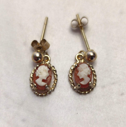 9ct Yellow Gold Dangle Cameo Earrings White Shell 14mm Drop Length