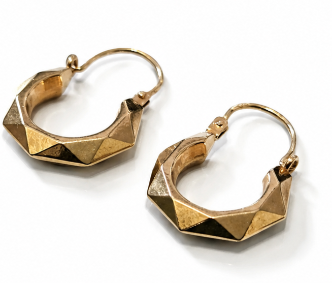 9ct Yellow Gold Creole Hoop Earrings Faceted Geometric Tapered Hallmarked 375