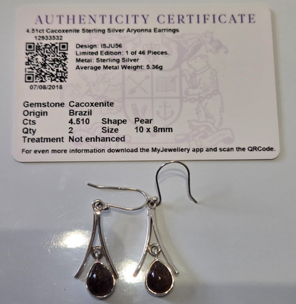 925 Sterling Silver Cacoxenite Drop Earrings Super Seven Quartz Hook Certificate