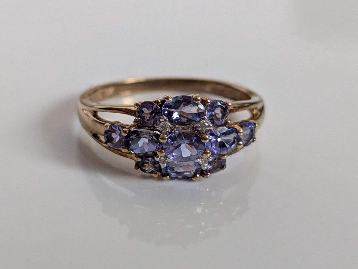 9ct Gold Ring Tanzanite and Diamond Solid Band Hallmark Size N 1/2