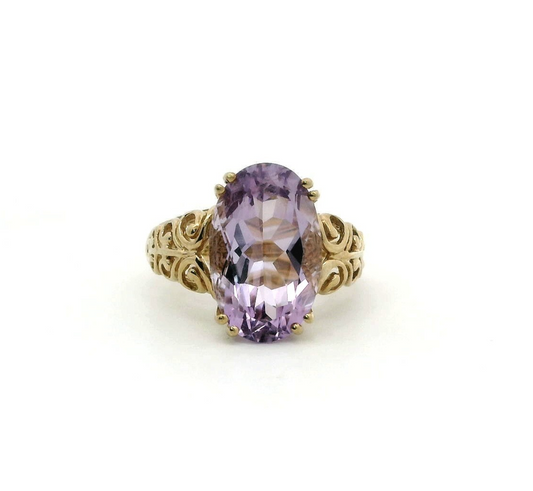 9ct Gold Ring Amethyst Stone Hallmark Size O 4.7g Prong Setting Ornate Design