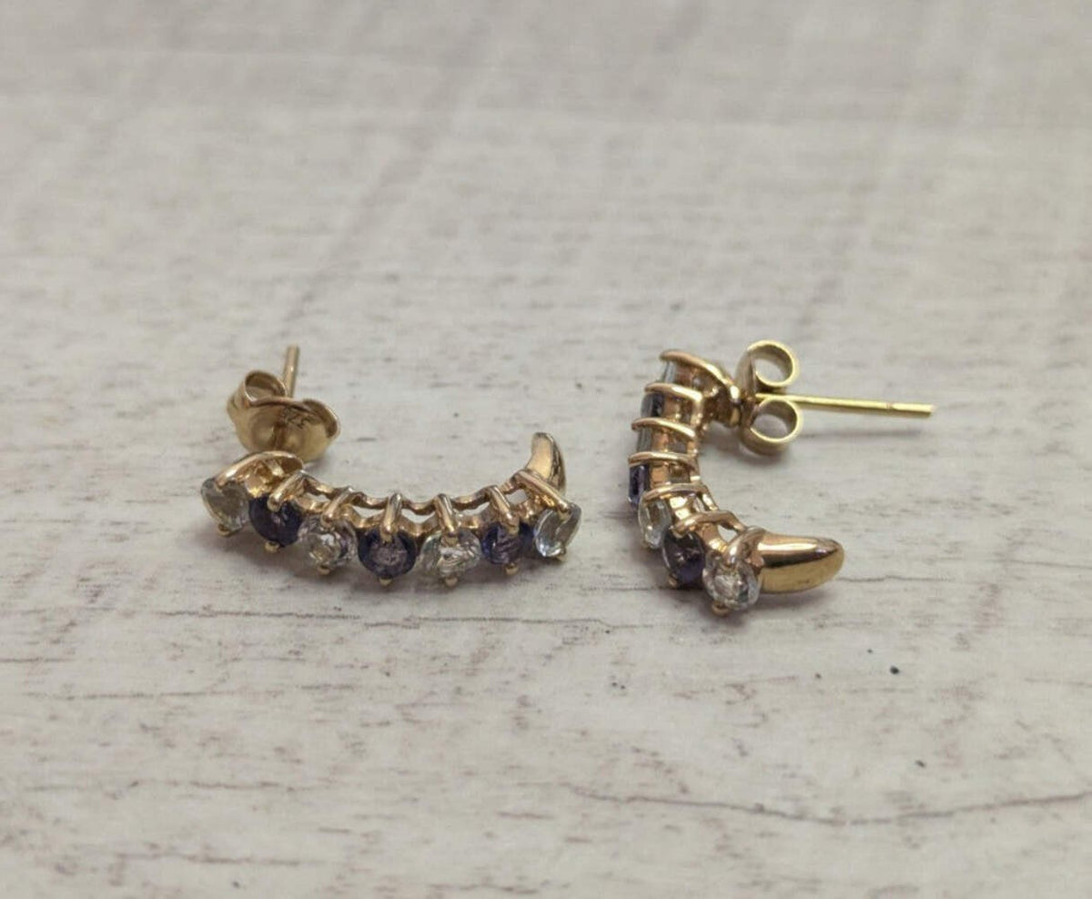 9ct Yellow Gold Tanzanite CZ J Hoop Earrings 17mm Stud Stamped 375 December 2.6g
