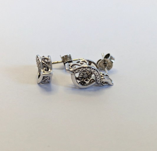 Vintage Silver Diamond Stud Earrings Butterflies Floral Design 925 Stamped  2g