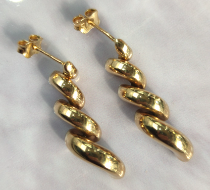 9ct Yellow Gold Spiral Dangle Earrings Hollow Full UK Hallmarked 30mm Long