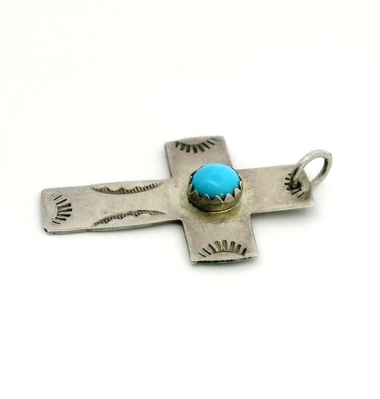 Silver Cross Pendant Charm Turquoise Cabochon Gemstone 925 Stamped 1.3g