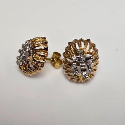 9ct Yellow White Gold Stud Earrings Two Tone Raised Textured Pattern Butterfly