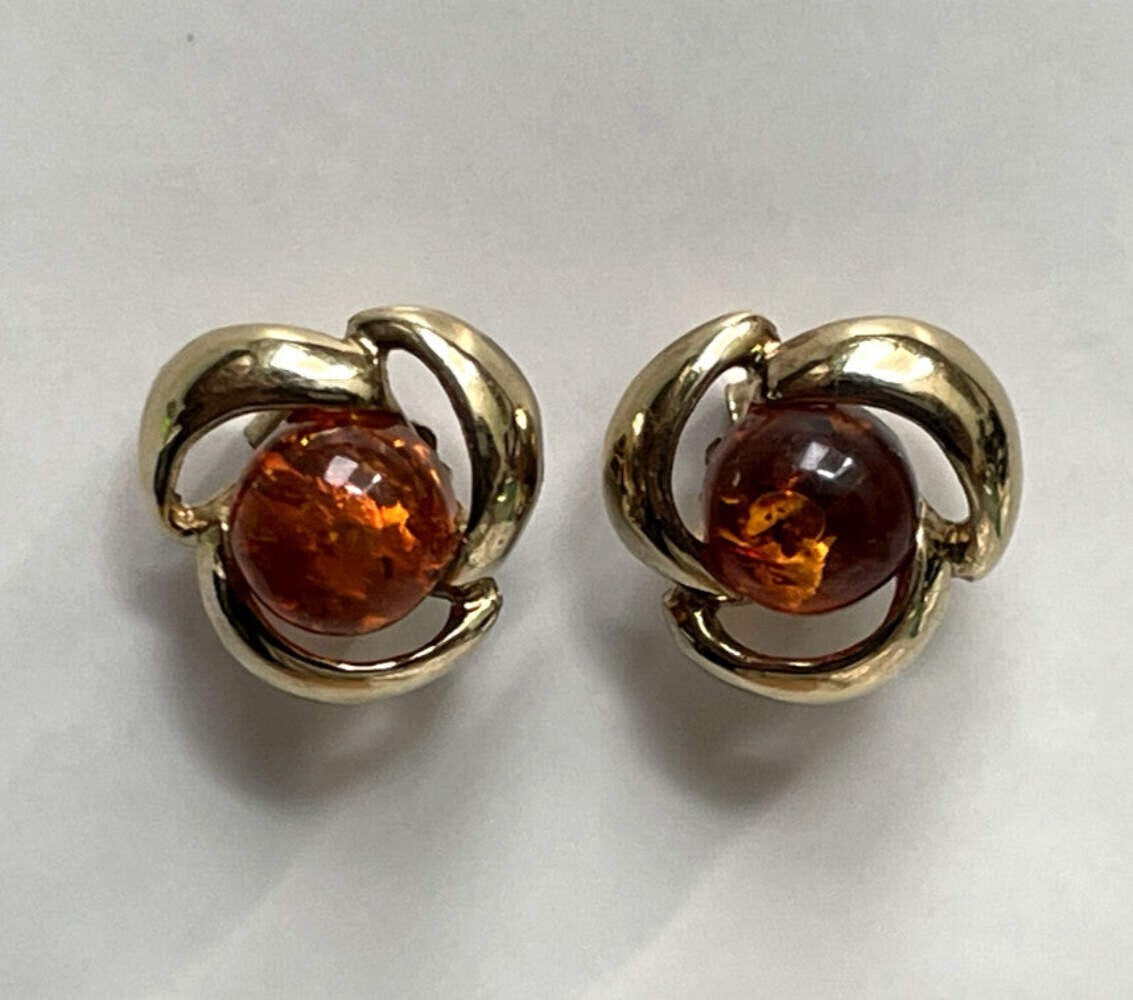 Vintage Amber Stud Earrings 9ct Yellow Gold 13.5mm x 9.1mm Orange Stones