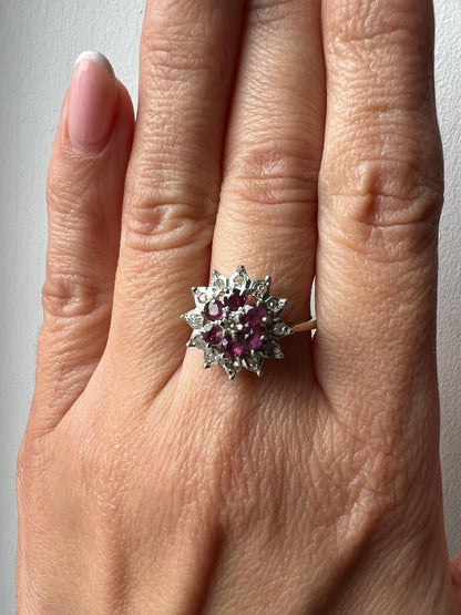 9ct Gold Ring Ruby & Diamond Cluster Hallmark Size N 1/2