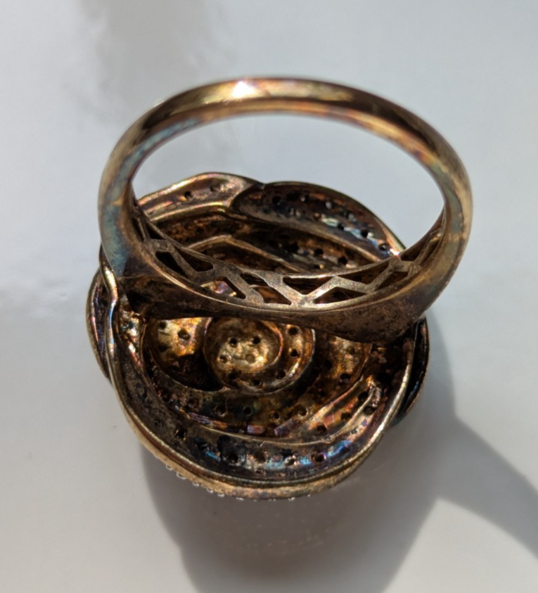 Gold on Silver Diamond Ring 925 Silver Sterling Cluster Flower Size P 1/2 April