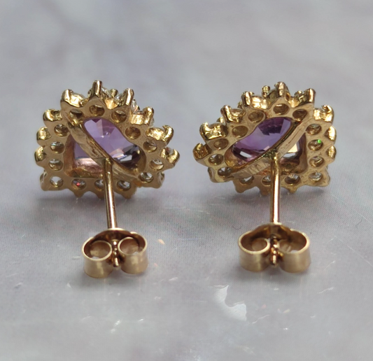 9ct Yellow Gold Stud Earrings Amethyst Stones Push Backs Size: 10mm x 15mm