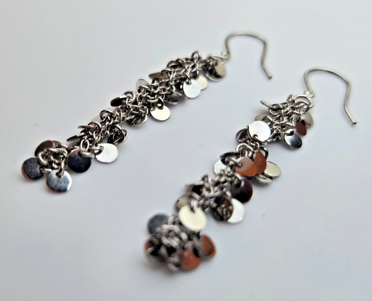 925 Sterling Silver Sequin Dangle Earrings Hallmarked Hook Drop Disc Statement