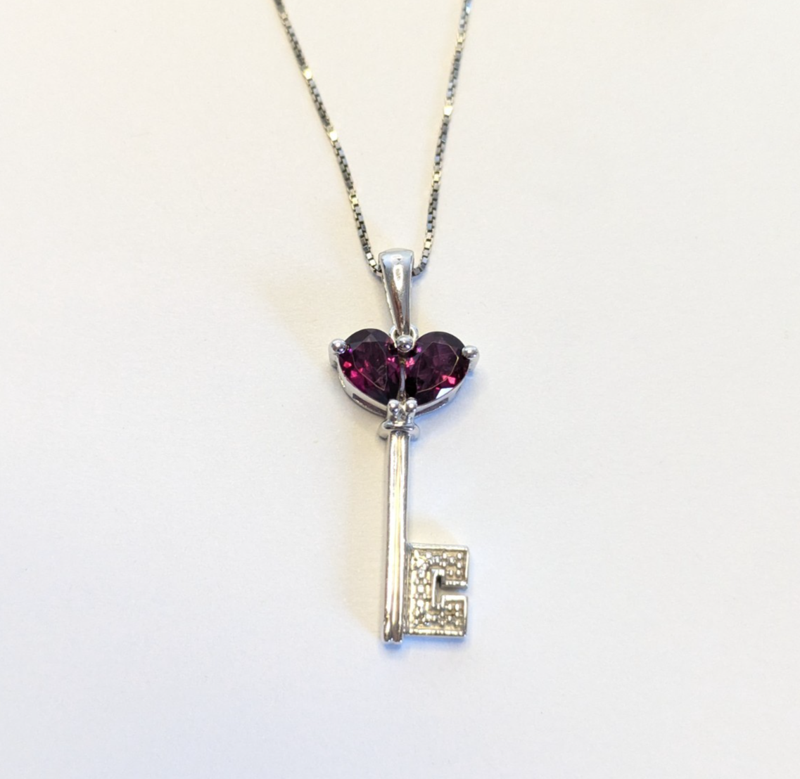 925 Sterling Silver Ruby Key Pendant Necklace Stamped Chain July Birthday 46cm