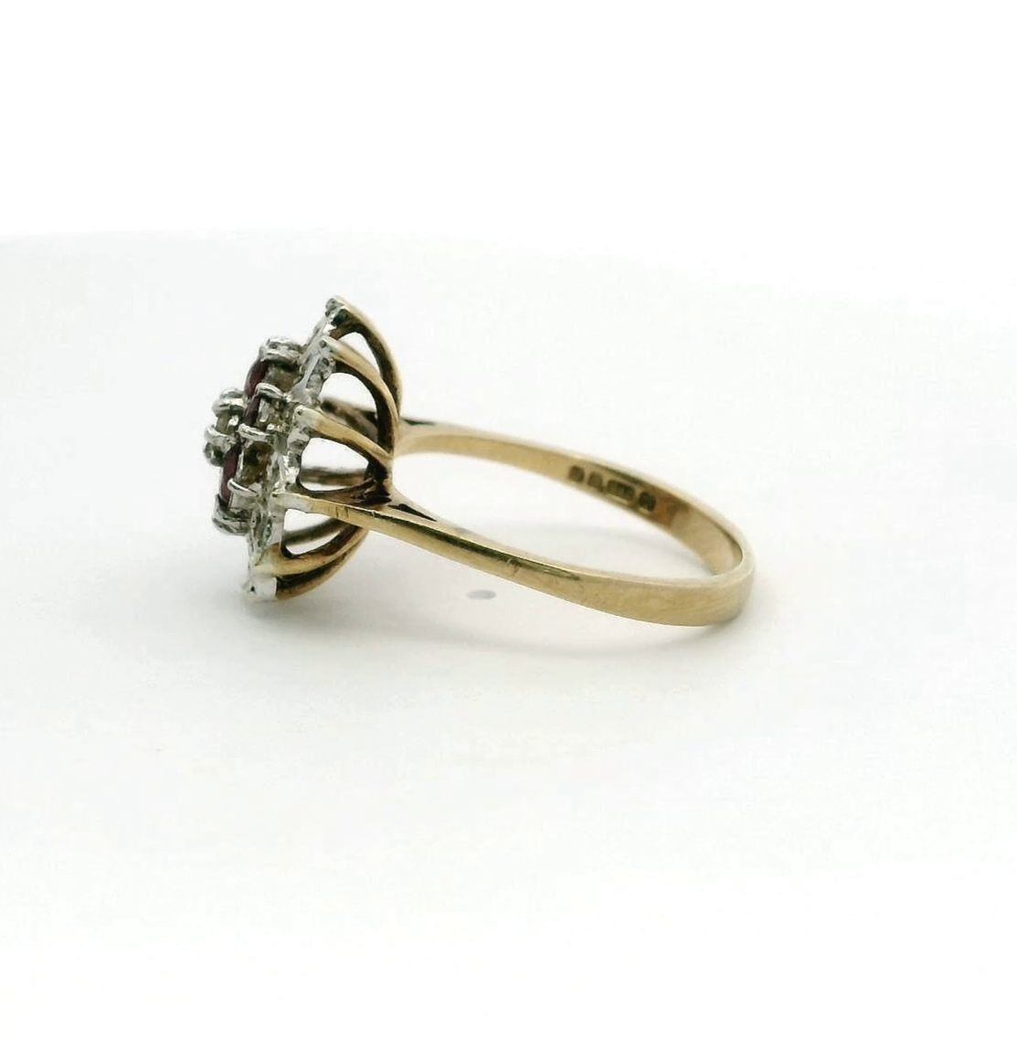 9ct Gold Ring Ruby & Diamond Cluster Hallmark Size N 1/2