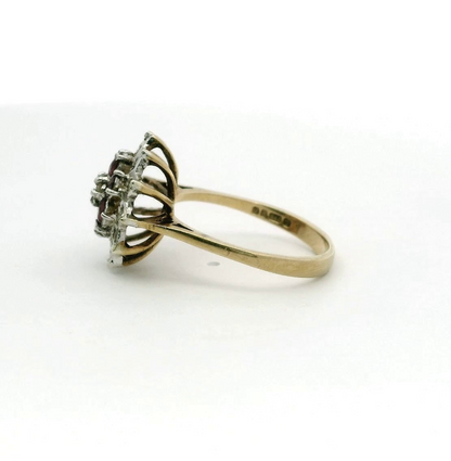 9ct Gold Ring Ruby & Diamond Cluster Hallmark Size N 1/2