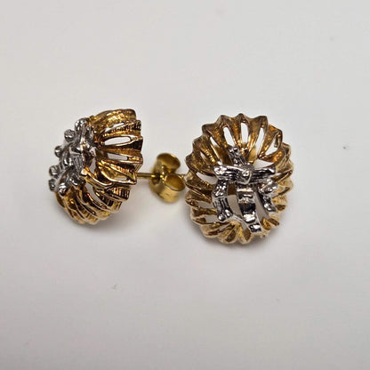 9ct Yellow White Gold Stud Earrings Two Tone Raised Textured Pattern Butterfly